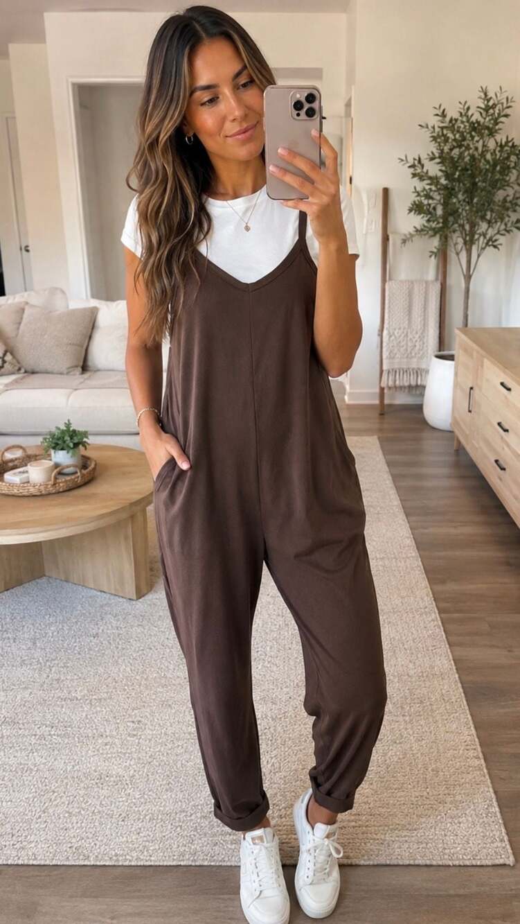 Sundry Women's Spaghetti Strap Jumpsuit Overalls with Pockets Brown Size S